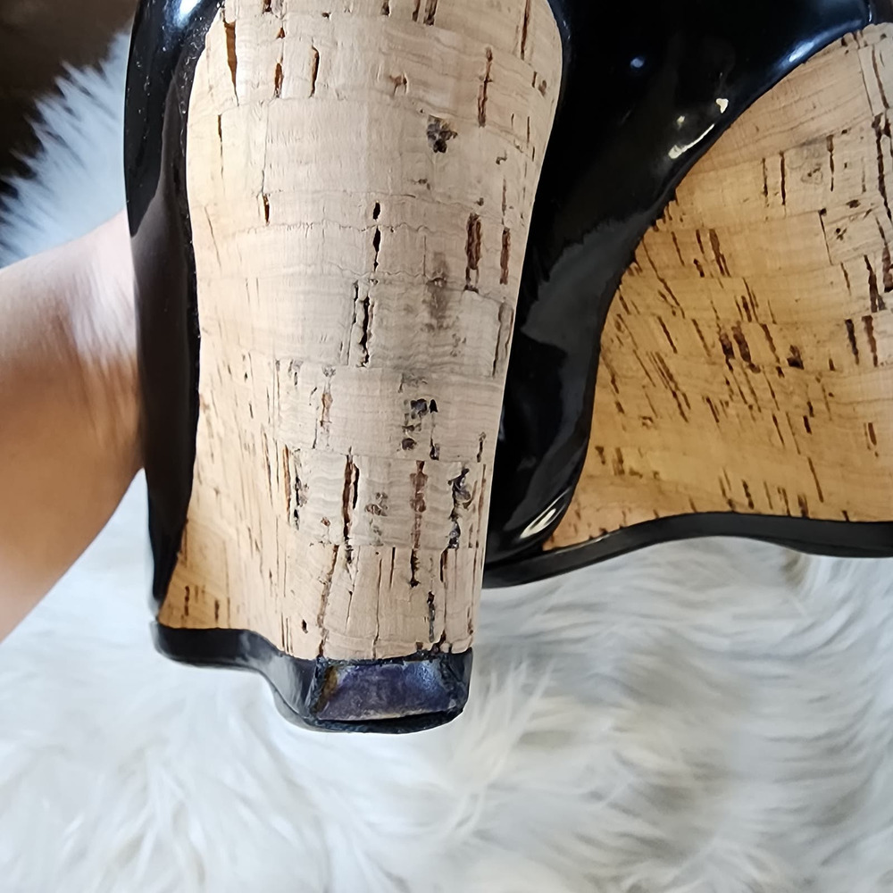 Prada Black Patent Leather Cork Wedge Heels Sz 40 - Picture 7 of 14